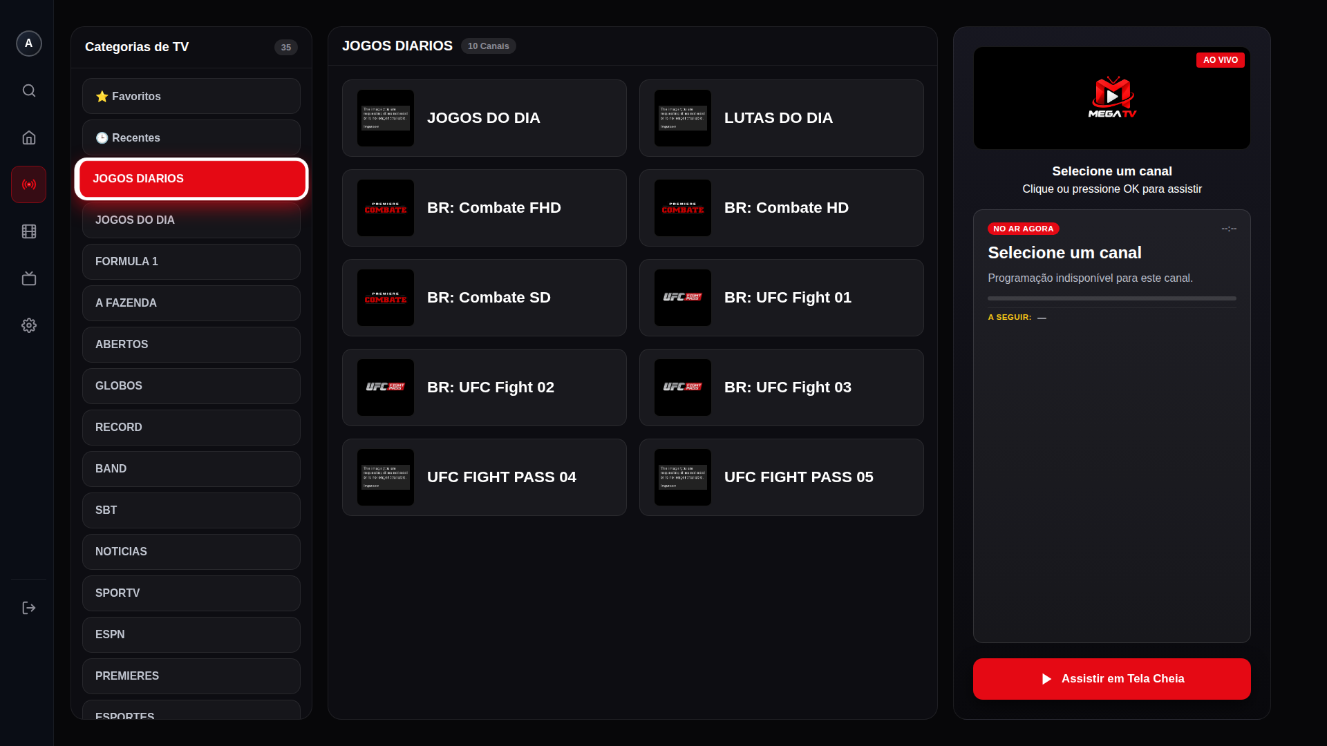 Interface de Canais Mega Fontes